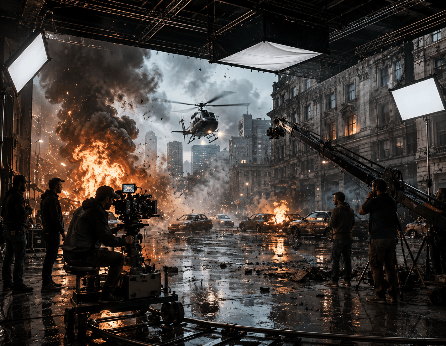 A cinematic wide shot of a futuristic battlefield from a high-budget feature film. Hundreds of digital soldiers and tanks are clashing in a vast valley. Atmospheric dust, fire, and explosions. The grading is moody and epic. Professional film VFX portfolio piece.