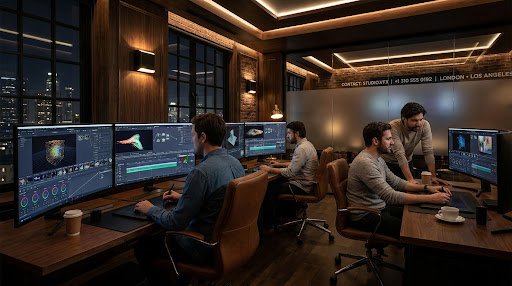 An expansive, modern office space with large windows overlooking a city at night. The interior is filled with plants, ergonomic furniture, and high-tech workstations. The atmosphere is collaborative and inspiring. Deep blues and purples dominate the scene. Luxury workplace environment.