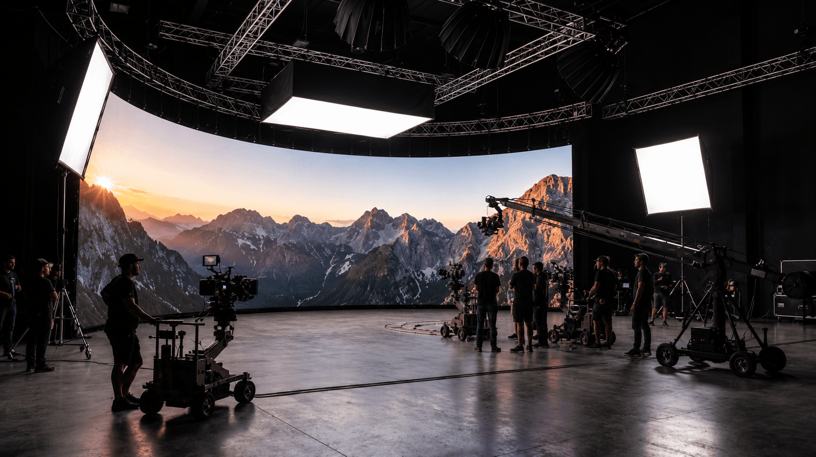 Raw film footage of a green screen stage with a few basic props and actors in grey tracking suits. The lighting is flat and utilitarian. This is the 'before' stage of a high-end VFX sequence. Professional cinematography equipment is visible.